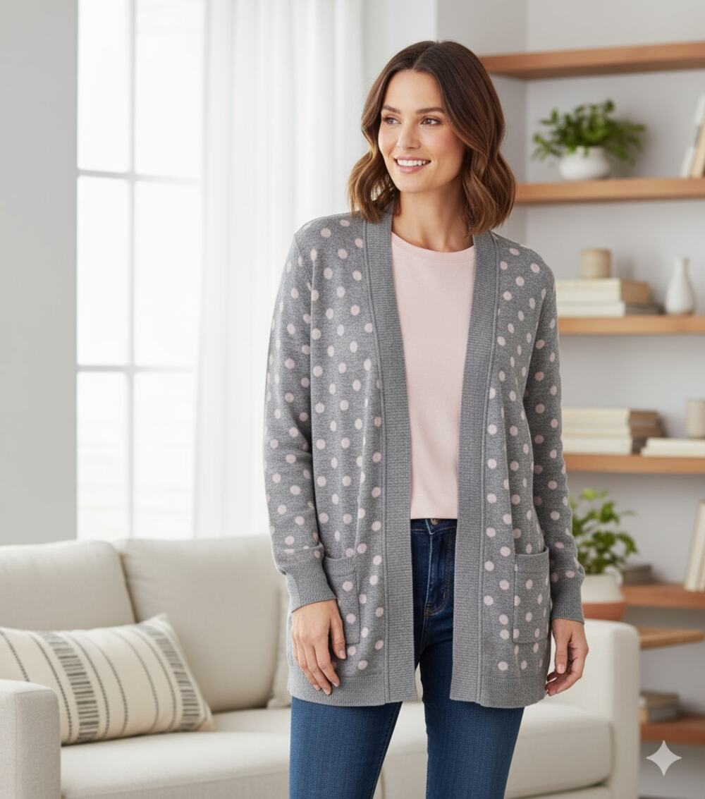 Isaac Mizrahi QVC Polka Dot Open Front Pocket Knit Cardigan Sweater Women Medium